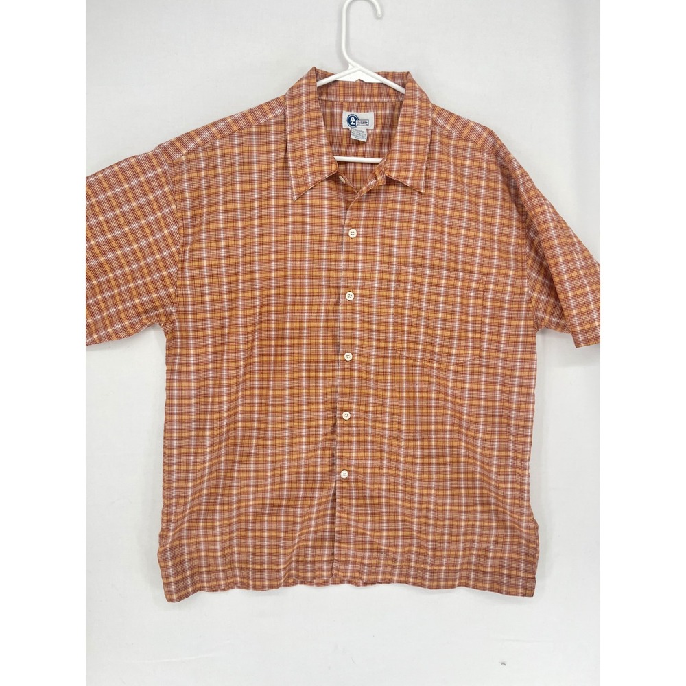 Arizona Jean Co Mens Large Plaid Button Up Shirt Short Sleeve Orange Brown